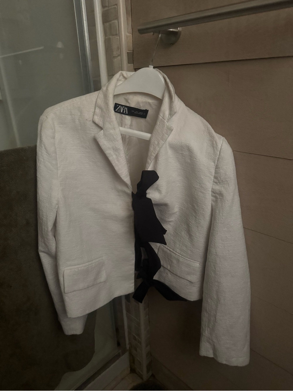 Zara White Textured Blazer with Black Bow Tie